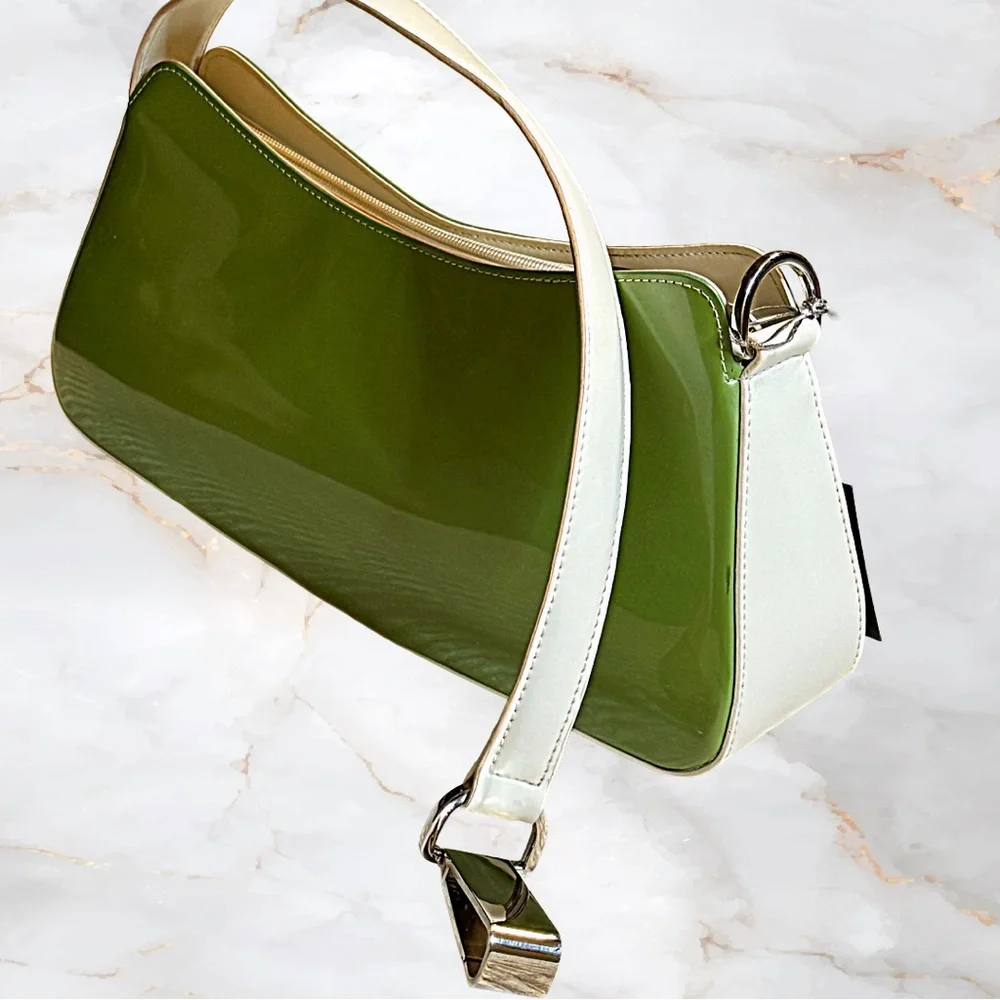 Beijo Y2K Avocado Green Glossy Hobo Shoulder Bag NWT White Trim Deadstock - Picture 9 of 13